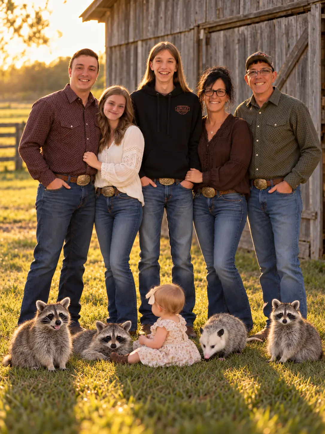 The Not Too Shabby family gathered outdoors beside a wooden barn