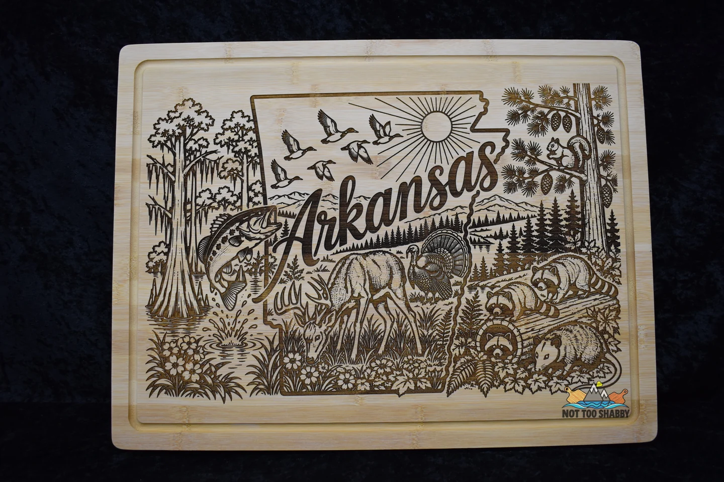 Arkansas landscape engraved on a bamboo cutting board