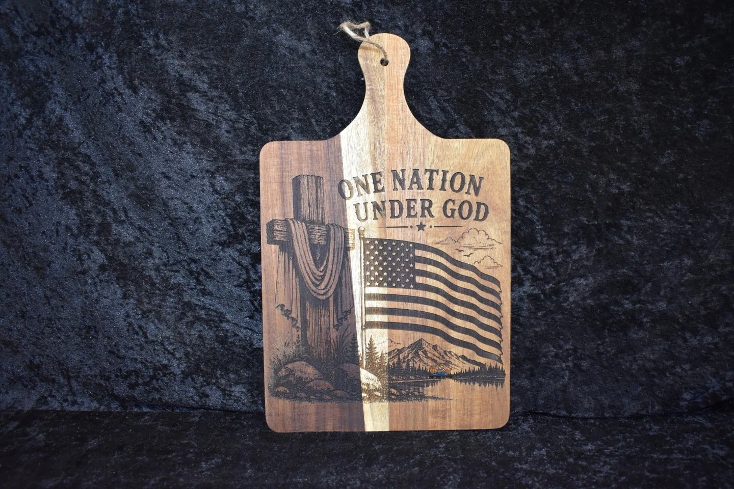 American flag design engraved on a handled serving board